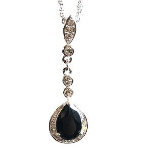 Y2K Rhinestone Black Stone Teardrop Pendant Silver Tone Necklace Prom